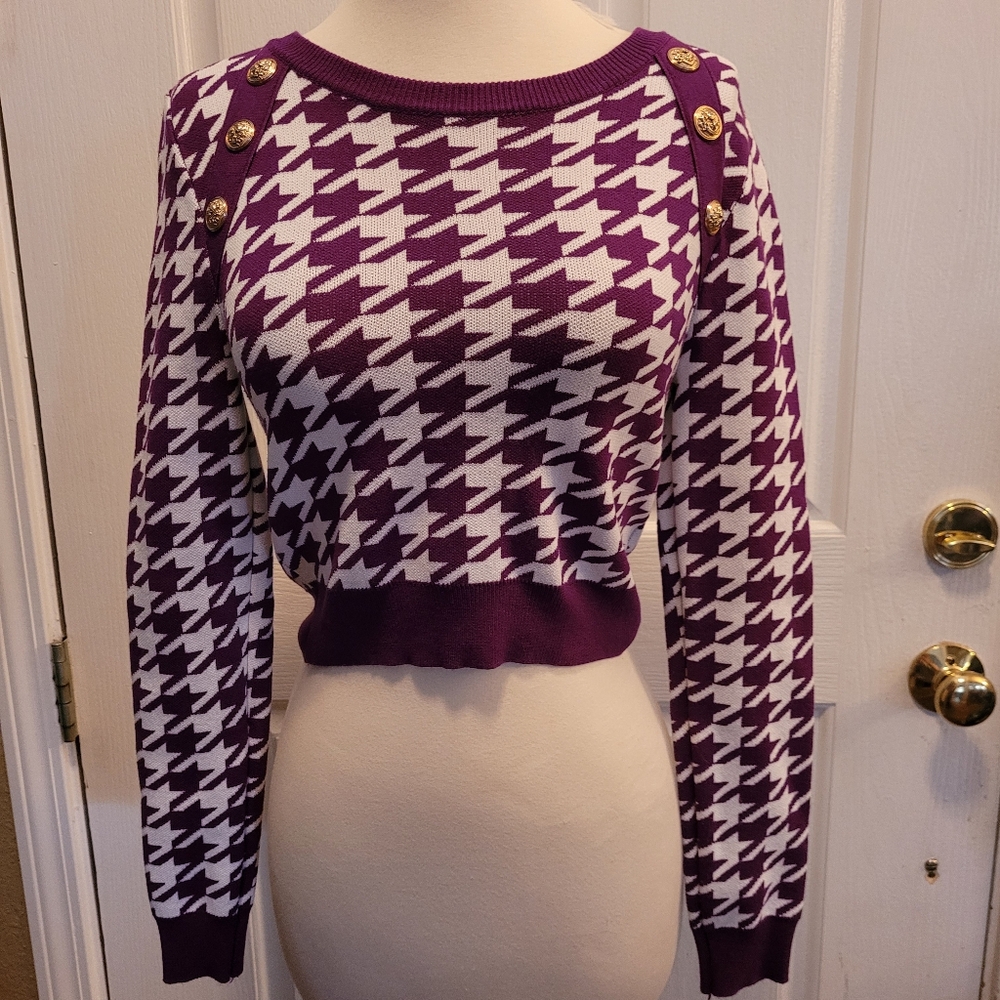 Houndstooth Crop Cropped Sweater Sexy Purple Print Gold Buttons Preppy Large